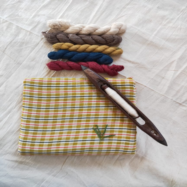 Fabric white blue orange checks